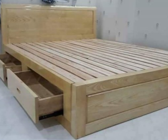 Giường gỗ sồi tự nhiên rộng 160cm có ngăn kéo